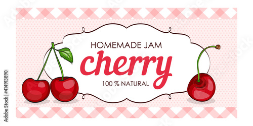 vector label of cherries with polka dot background and colored border