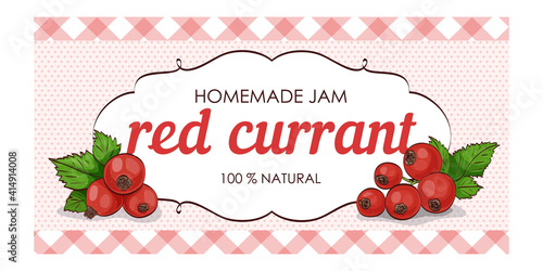 vector label of red currant with polka dot background and colored border