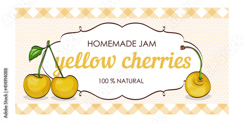 vector label of yellow cherries with polka dot background and colored border