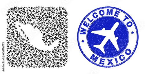 Vector collage Mexico map of air fly elements and grunge Welcome stamp. Mosaic geographic Mexico map designed as carved shape from rounded square shape with air vehicles.