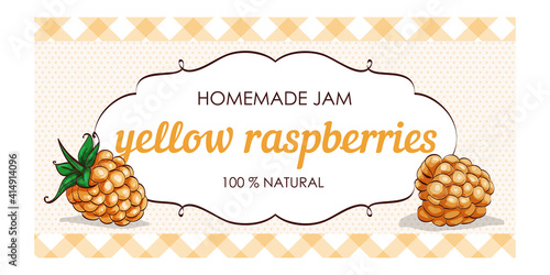 vector label of yellow raspberry with polka dot background and colored border