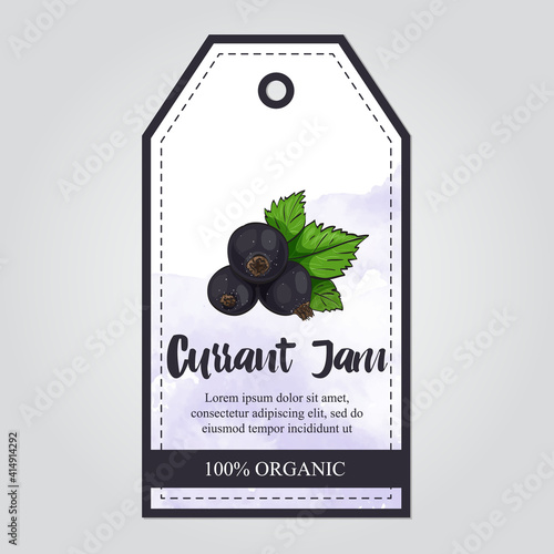 vector label of black currantwith watercolor background and colored border photo