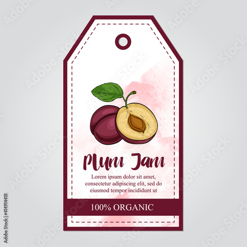vector label of plum with watercolor background and colored border