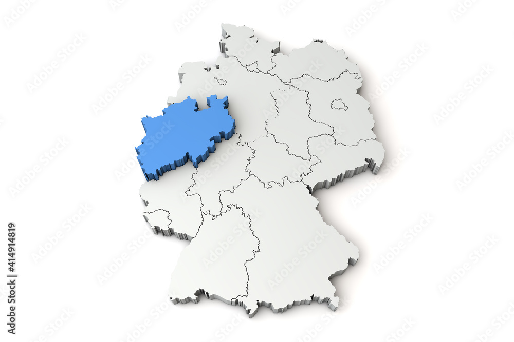 Map of Germany showing North Rhine Westphalia region. 3D Rendering Map of Germany showing North Rhine Westphalia region. 3D Rendering