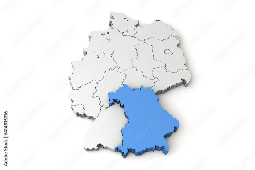 Map of Germany showing Bravaria region. 3D Rendering