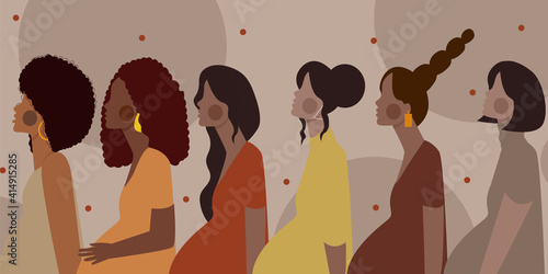 pregnant women various hairstyles set collection seen from side with cartoon flat style