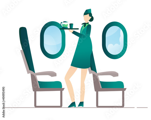 Air flight attendant brings drinks to serve passengers with cartoon flat style