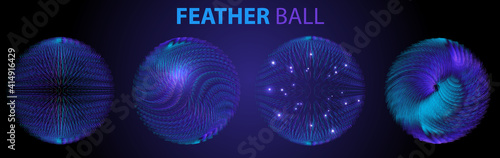 Set of four abstract fur feather blue and violet ball with light on dark gradient background