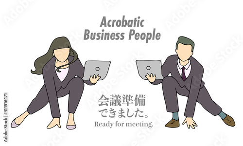 ノートPCを持ったアクロバットなビジネスパーソンイラスト　男女セット