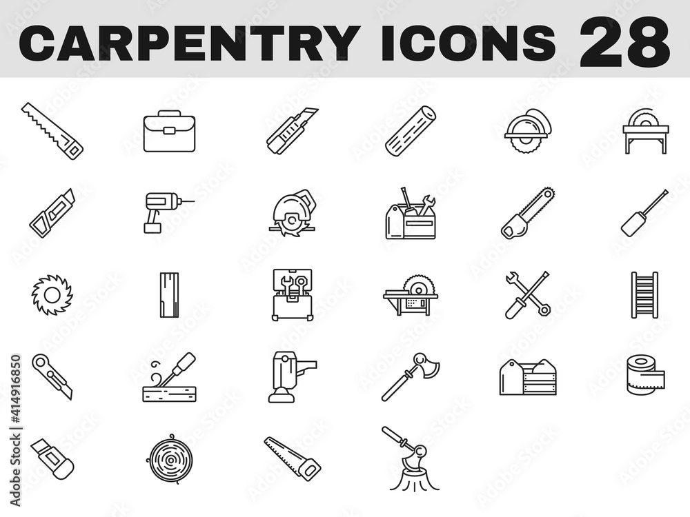 28 Carpentry Line Art Icon in Flat Style. 28 Carpentry Line Art Icon in Flat Style.