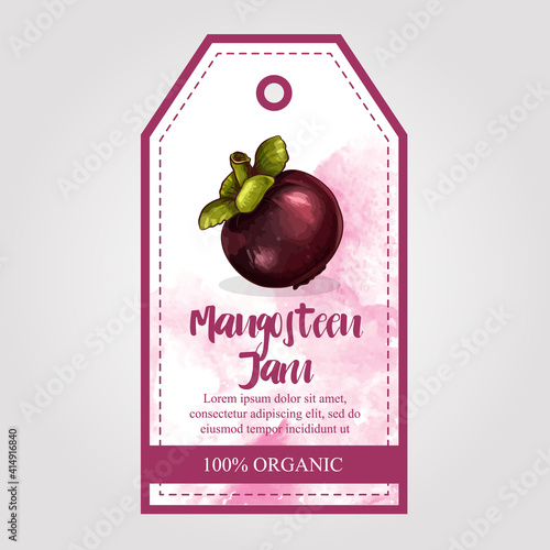 Label or sticker design with mangosteen illustration. Natural mangosteen jam. For natural or organic fruit products and health care goods.