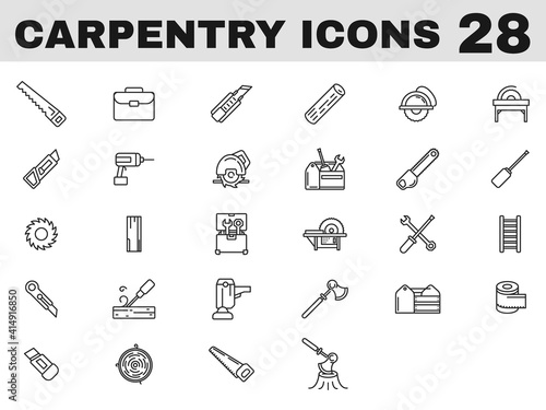 28 Carpentry Line Art Icon in Flat Style.