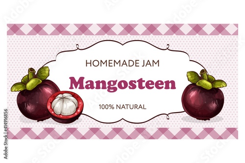 Label or sticker design with mangosteen illustration. Natural homemade mangosteen jam. For natural or organic fruit products and health care goods.