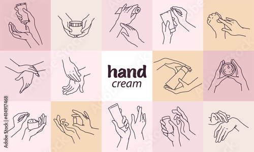 Collection of human hands with hand cream and moisturizer tube, can in different gestures and posses isolated. Vector hand drawn line art illustration. For banners, ads, emblems, tags, packaging, logo