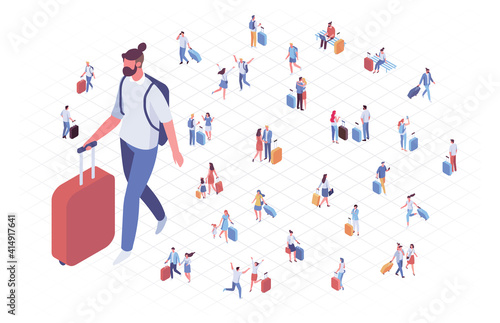 Isometric people in airport vector set. Trip and vacation. Crowd of people with luggage isolated on white background