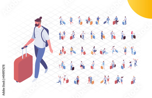 Isometric people in airport vector set. Trip and vacation. Crowd of people with luggage isolated on white background