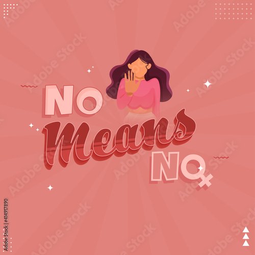 Cartoon Young Woman Saying No Means No And Show Stop Gesture On Red Rays Background.