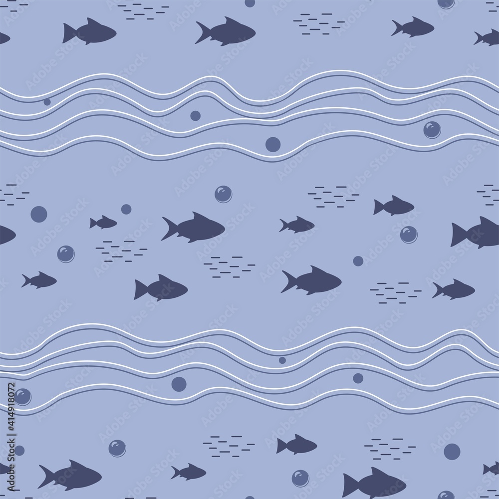 Seamless pattern with the image of waves, fish and bubbles. Cute baby print. Design for textiles, decor and paper. Seamless pattern with the image of waves, fish and bubbles. Cute baby print. Design for textiles, decor and paper.