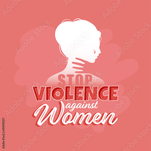 Stop Violence Against Women Message Text With Silhouette Female On Red Background.