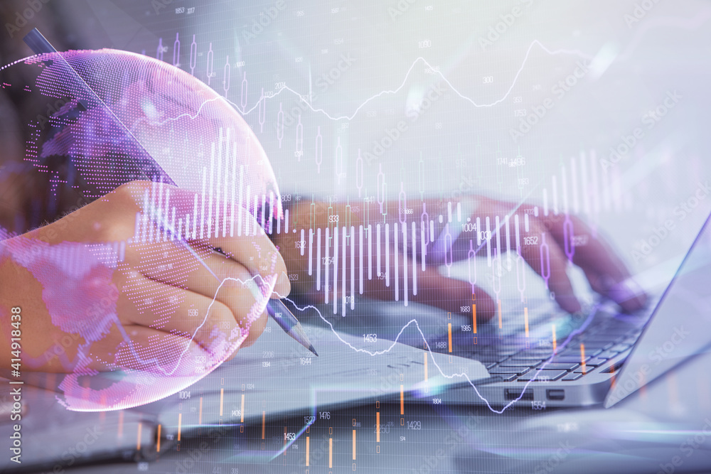 Double exposure of businesswoman hands typing on computer and forex chart hologram drawing. Financial analysis concept. Double exposure of businesswoman hands typing on computer and forex chart hologram drawing. Financial analysis concept.