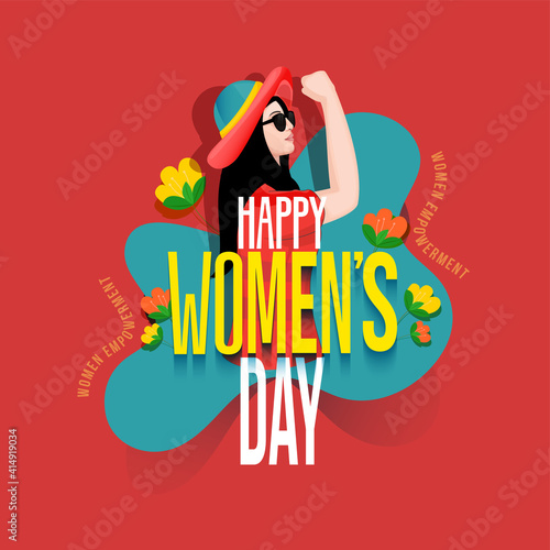 Happy Women's Day Text With Young Stronger Woman And Flowers On Red Background.