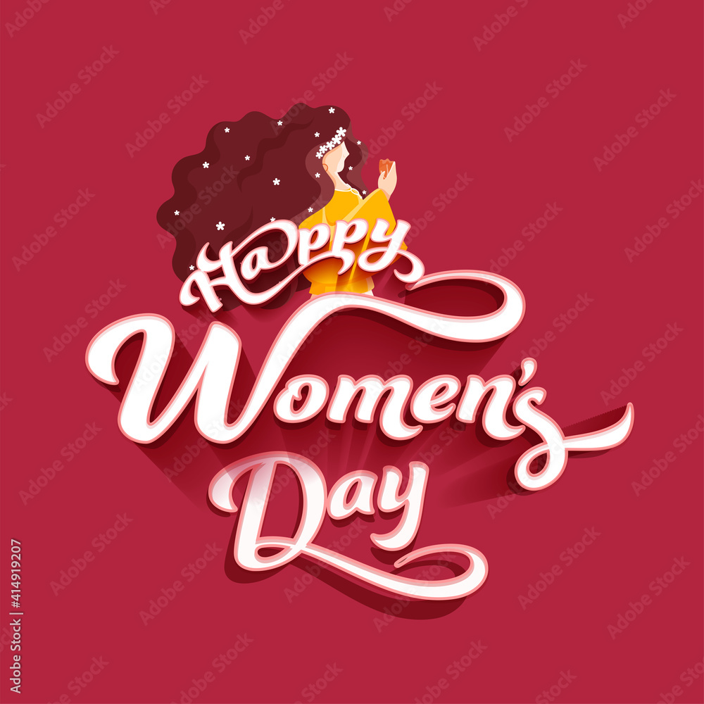Happy Women's Day Font With Young Girl Holding A Flower On Red Background.