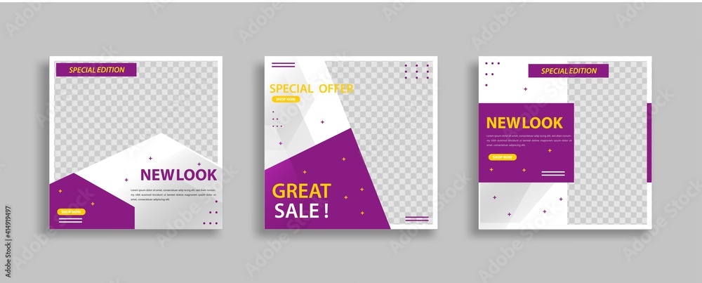 Set of Editable minimal square banner template. Yellow purple white background color with geometric shapes for social media post and web internet ads. Vector illustration Set of Editable minimal square banner template. Yellow purple white background color with geometric shapes for social media post and web internet ads. Vector illustration