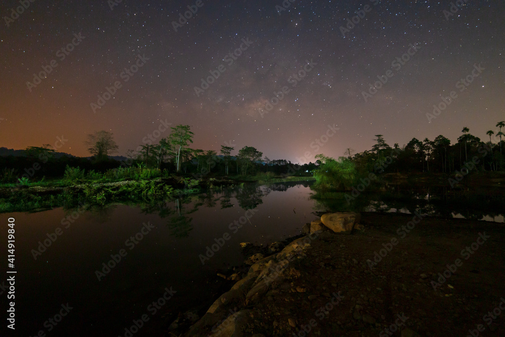 Landscape with Milky Way. Night sky of galactic core. Beautiful Picture of the Galactic Core. Long Exposure of Stars.