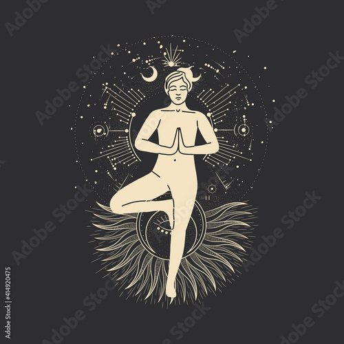 Vintage vintage engraving style. Abstract woman silhouette. Spiritual origin of the universe of magic and space, phases of the moon