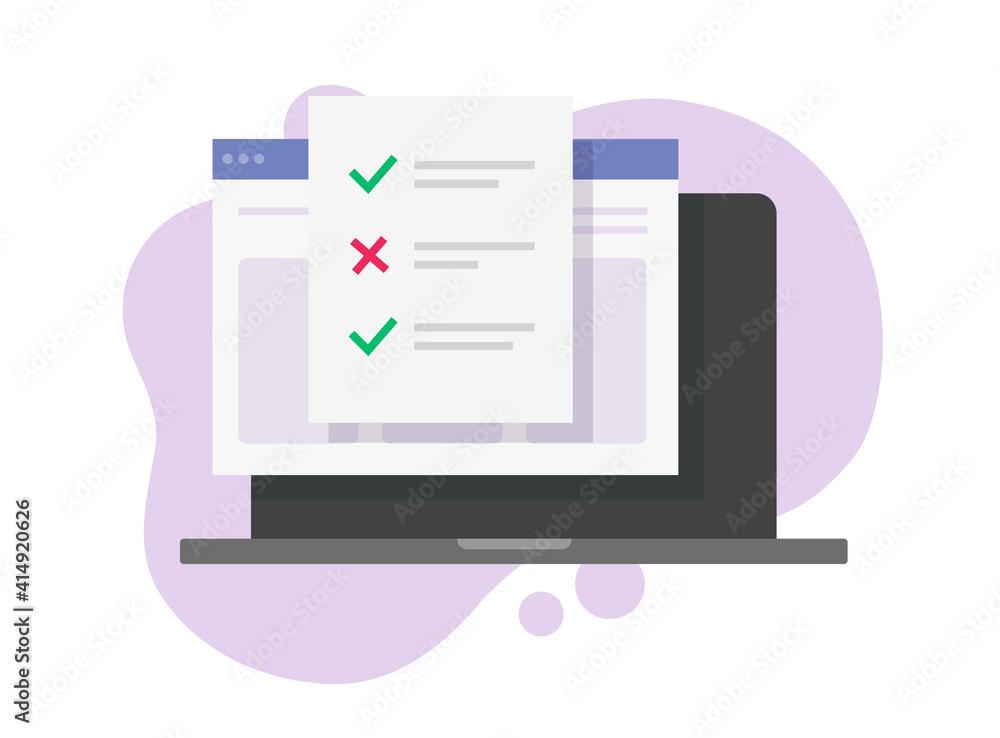 Online test exam result form with answers check marks choices vector flat cartoon illustration, digital questionnaire survey paper page on computer internet web service, education idea Online test exam result form with answers check marks choices vector flat cartoon illustration, digital questionnaire survey paper page on computer internet web service, education idea