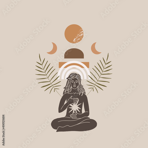 Vintage vintage engraving style. Abstract woman silhouette. Spiritual origin of the universe of magic and space, phases of the moon