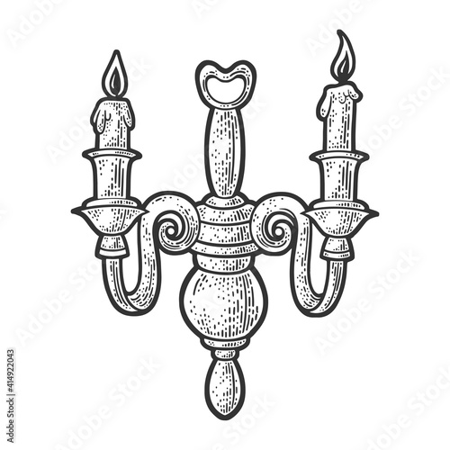 Old candelabrum candlestick sketch engraving vector illustration. T-shirt apparel print design. Scratch board imitation. Black and white hand drawn image.