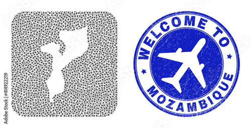 Vector mosaic Mozambique map of air fly items and grunge Welcome seal stamp. Mosaic geographic Mozambique map created as carved shape from rounded square shape with air transport.