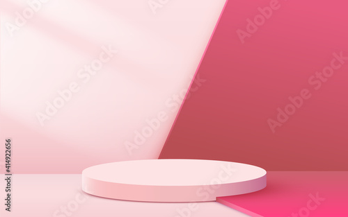 Abstract scene background. Cylinder podium on pink background. Product presentation, mock up, show cosmetic product, Podium, stage pedestal or platform.