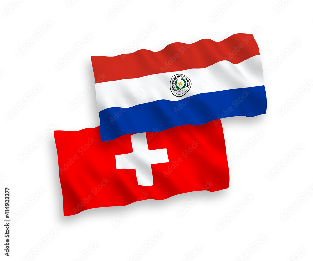 National vector fabric wave flags of Paraguay and Switzerland isolated on white background. 1 to 2 proportion.