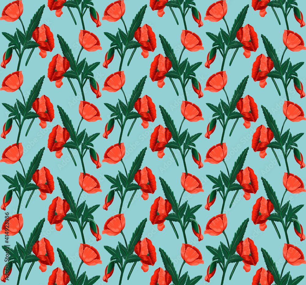 Seamless pattern of red poppies on a turquoise background. suitable for the production of wallpapers, postcards, textiles Seamless pattern of red poppies on a turquoise background. suitable for the production of wallpapers, postcards, textiles