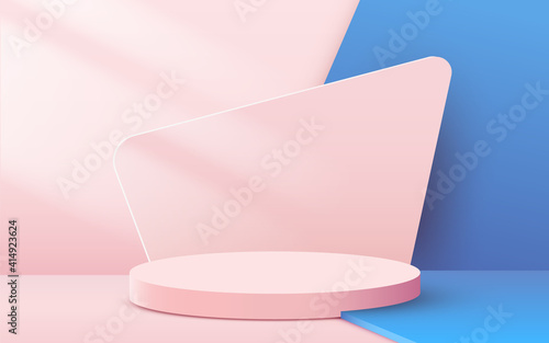 Abstract scene background. Cylinder podium on pink background. Product presentation, mock up, show cosmetic product, Podium, stage pedestal or platform.