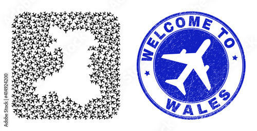Vector mosaic Wales map of trip elements and grunge Welcome seal. Mosaic geographic Wales map constructed as subtraction from rounded square with air shippings.