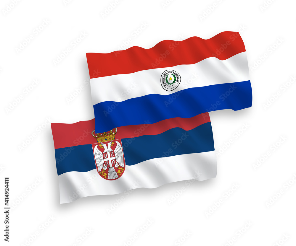 Fototapeta premium National vector fabric wave flags of Paraguay and Serbia isolated on white background. 1 to 2 proportion.
