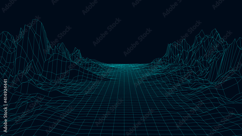© estar 2020 - Technology wireframe landscape. Futuristic polygonal terrain background. Digital vector illustration. Retro design.