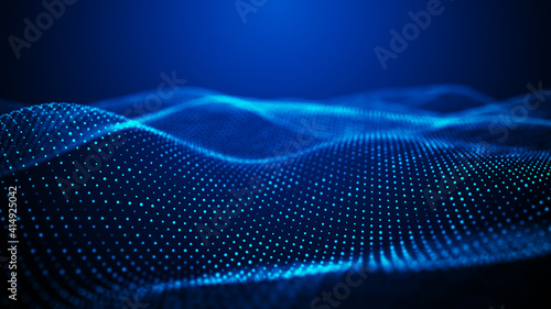Abstract background with glowing particles. Digital moving wave. Futuristic illustration with explosion of data. 3d rendering.