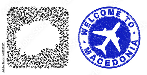 Vector collage Macedonia map of delivery elements and grunge Welcome badge. Collage geographic Macedonia map created as hole from rounded square with air planes. photo