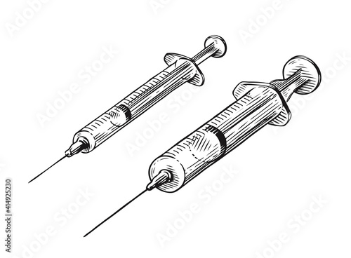 Syringe with vaccine, hand drawn sketch. Medicine, drug vintage vector illustration