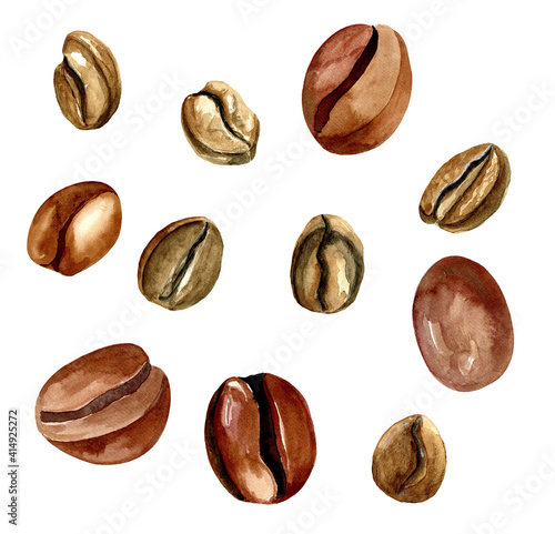 Watercolor coffee beans. Isolated natural food illustration on white background