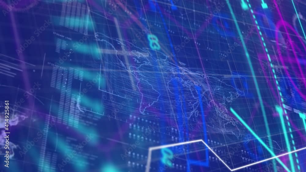 Animation of scope scanning and data processing with world map on blue background Animation of scope scanning and data processing with world map on blue background