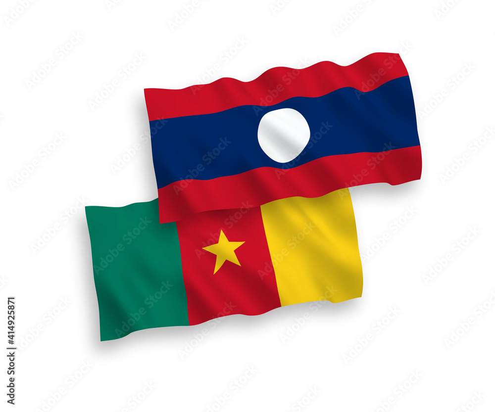 National vector fabric wave flags of Cameroon and Laos isolated on white background. 1 to 2 proportion. National vector fabric wave flags of Cameroon and Laos isolated on white background. 1 to 2 proportion.