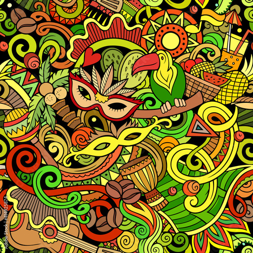 Cartoon doodles Brazil seamless pattern.