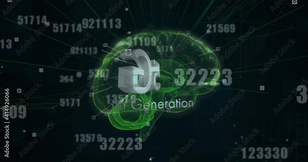 Animation of 5g 5th generation text with numbers changing over glowing human brain on black backgrou Animation of 5g 5th generation text with numbers changing over glowing human brain on black backgrou