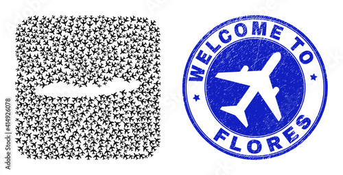 Vector mosaic Flores Islands of Indonesia map of transportation items and grunge Welcome stamp.