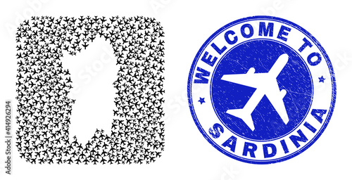 Vector collage Sardinia map of airport elements and grunge Welcome seal stamp. Collage geographic Sardinia map created as stencil from rounded square using air transport.